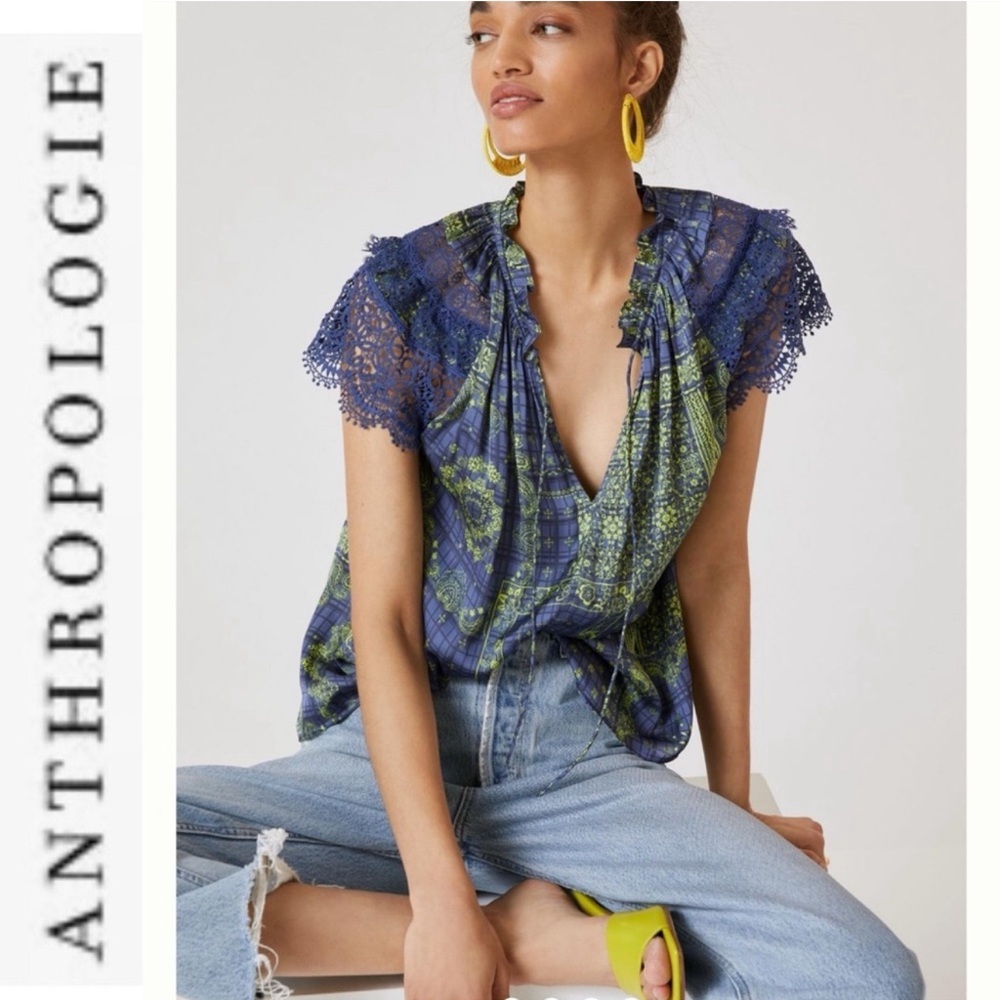 NWT Anthro Current Air Bandana Printed Top blue/neon yellow blouse XL